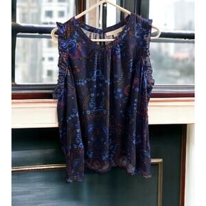 Loft Women's Size Large Blouse Blue Cold Shoulder Long Sleeve Floral Shirt Top